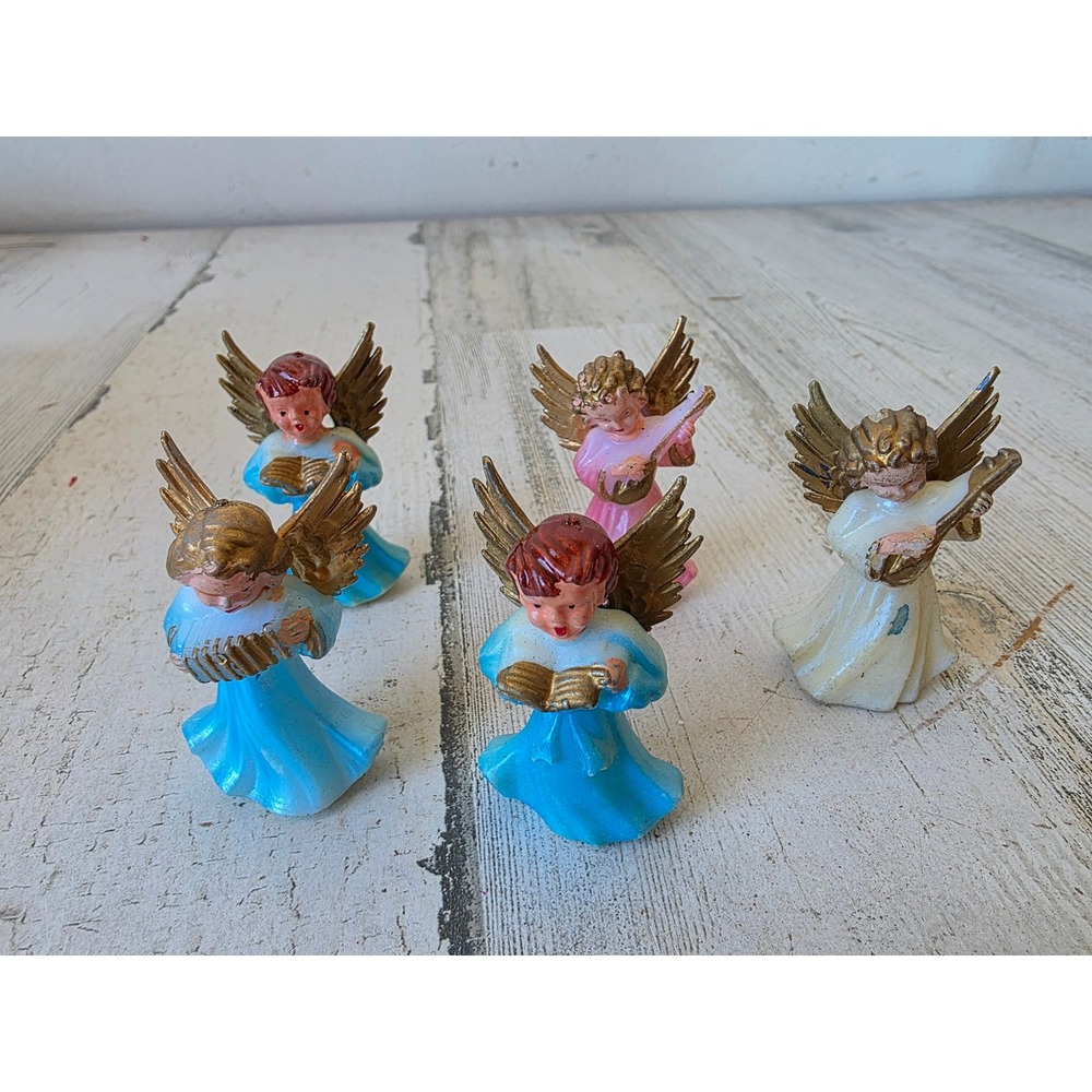 Vintage plastic Angel cherub mini village musical harp choir carolers blue pink